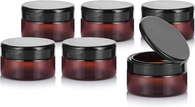 (6 PACK) 8 OZ AMBER PLASTIC LOW PROFILE JAR WITH WIDE MOUTH BLACK FLIP TOP