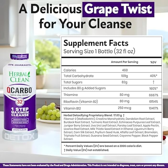 Herbal Clean Qcarbo32 Same Day Detox Cleanse Drink (32 fl oz) - Grape Flavor Full Body Cleanse* Detox Drink for high Toxin Level*, Vitamin B2 and Vitamin B12 for Men & Women - Image 2