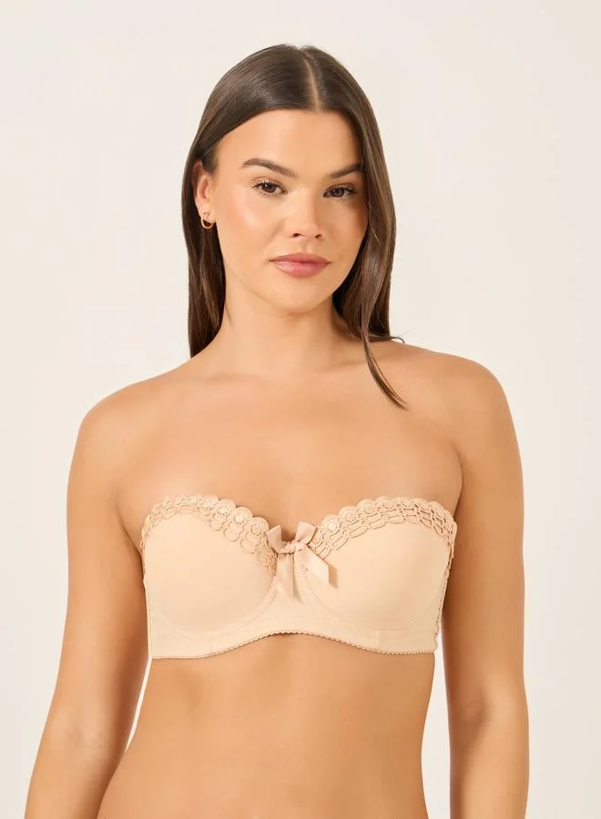 Take Two Take Two Solid Lace and Bow Detail Padded Wired Push Up Bra