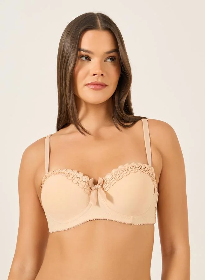 تايك تو Take Two Solid Lace and Bow Detail Padded Wired Push Up Bra