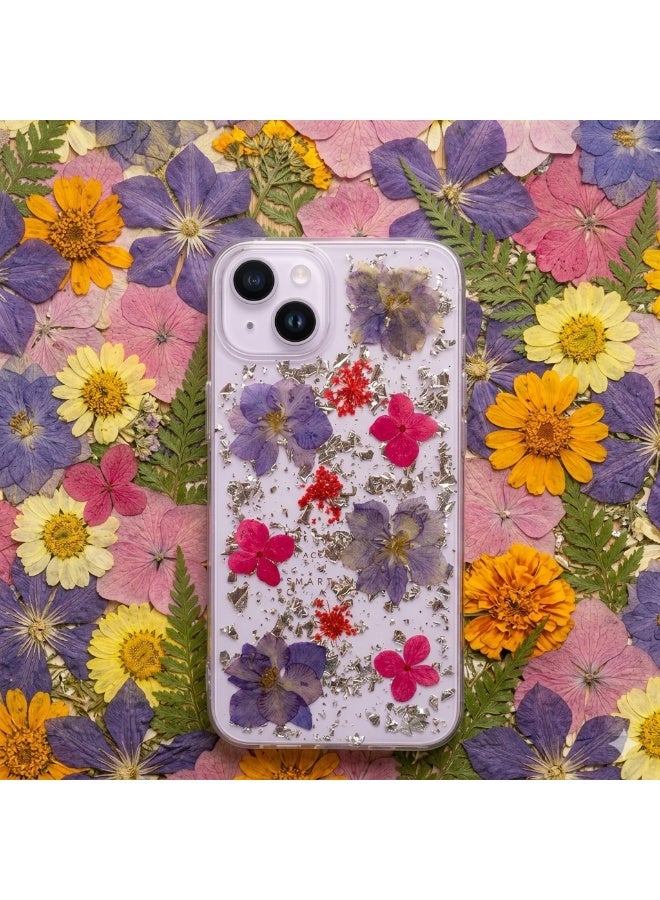 أتش أم سي غطاء حماية مصنوع يدويًا من الزهور الطبيعية ورقائق الفضة لهاتف iPhone 14 Plus/Max - Image 1