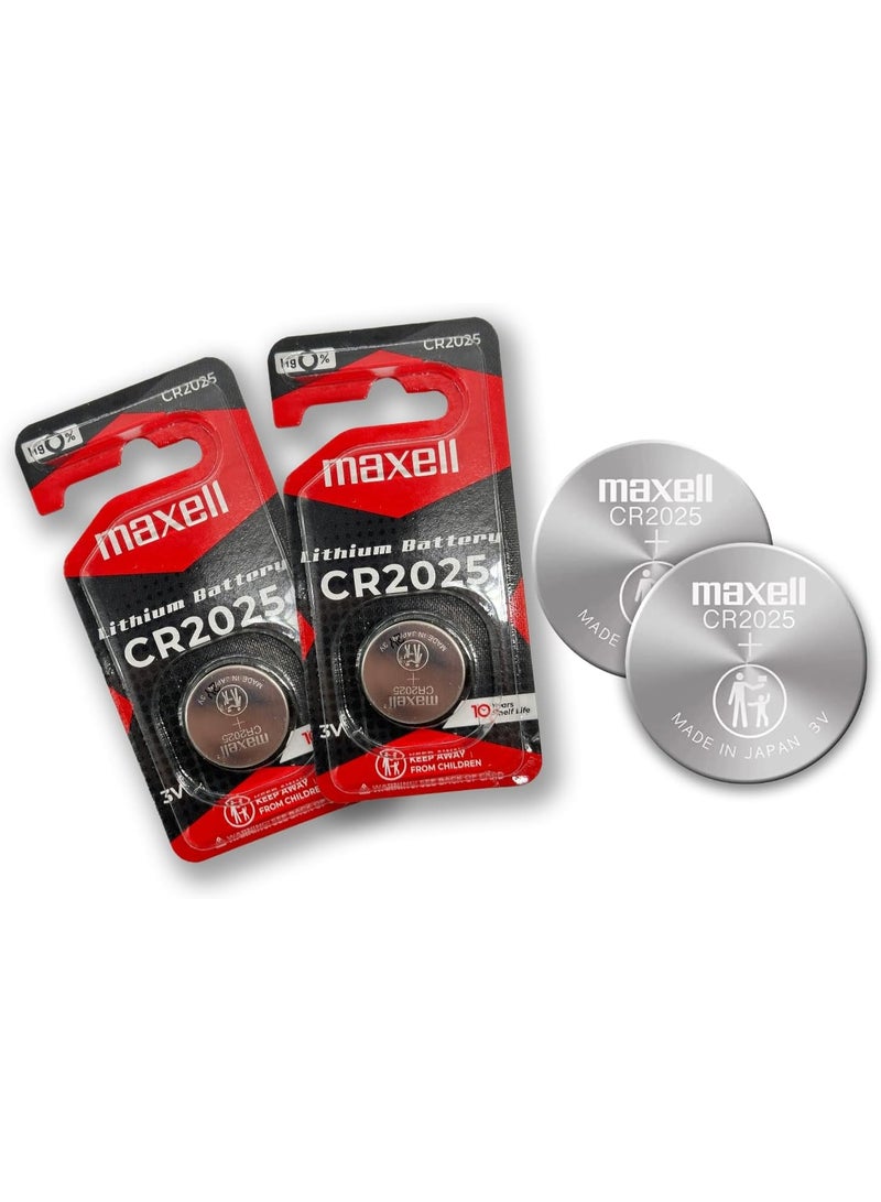 Maxell Pack of 2 Lithium Coin Battery, CR2025 3V, Long-Lasting Button Cell, Child-Resistant Packaging, Made in Japan, Reliable Power for Watches, Key Fobs, and Electronics