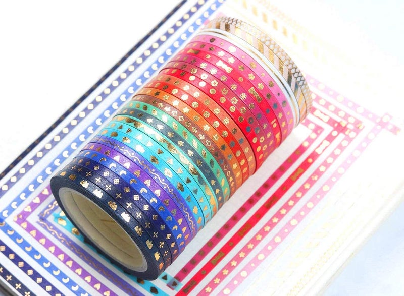 YUBX 24 Rolls Washi Tape Set Foil Gold Skinny Decorative Masking Tape 3MM Wide Scrapbook Tape for DIY Craft Art Projects Journal Gift Wrapping - Image 3