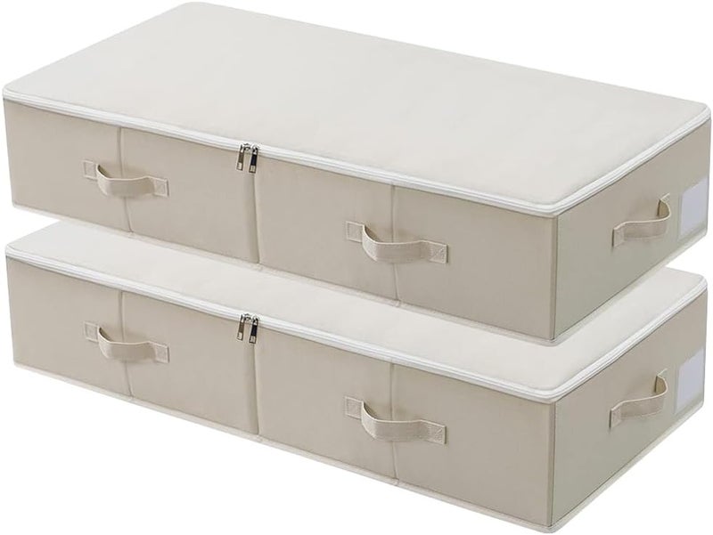 Omygarden Foldable Underbed Storage Box with Plastic Support Lining, Blankets Clothes Comforter Storage Container Organiser for Bedroom and Closet, 90 x 42 x 18 cm, Beige, 2 Pieces - Image 1