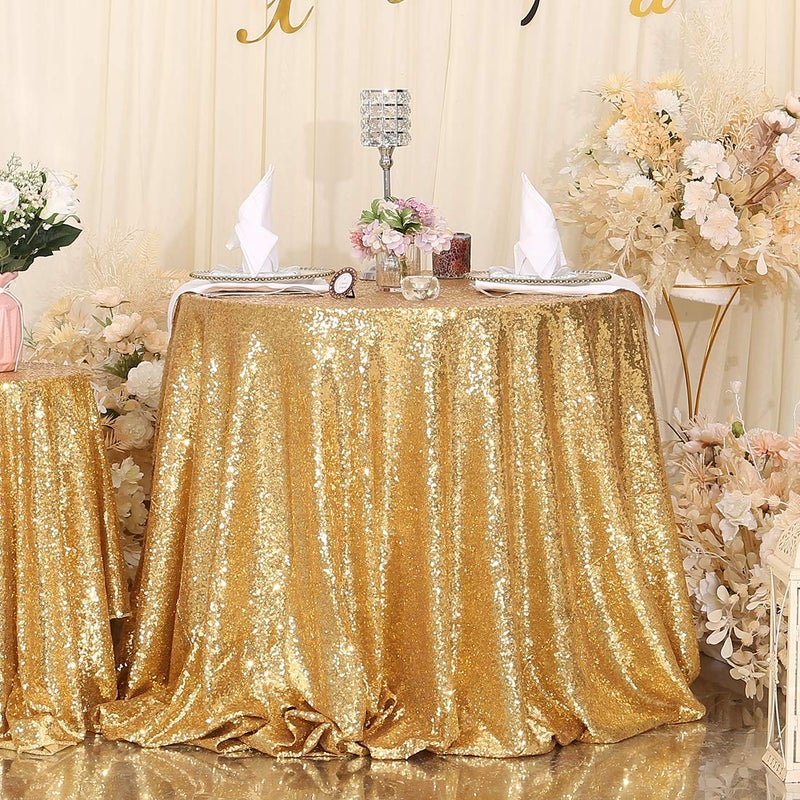SquarePie Sequin Tablecloth Round Gold 90 Inch Sparkly for Wedding Birthday Party Christmas