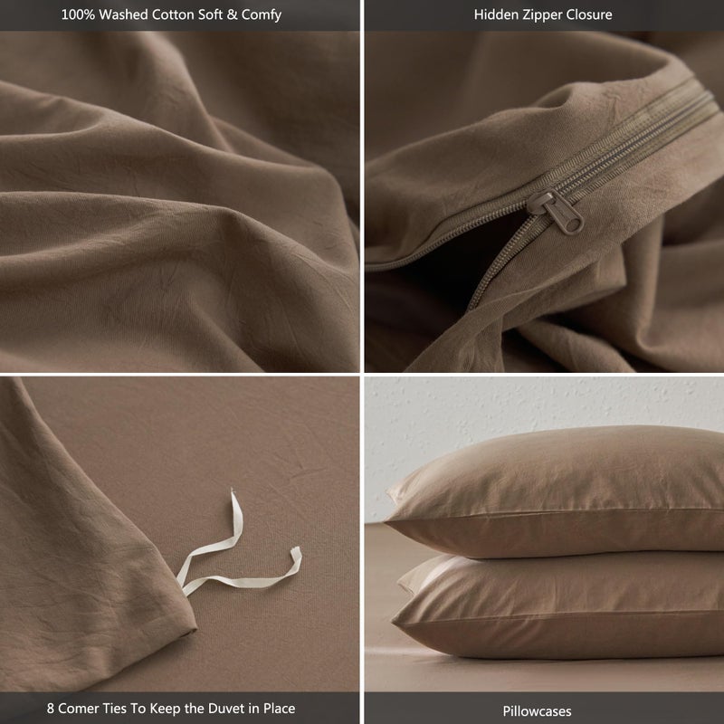 MooMee King Duvet Cover Set, 100% Washed Cotton Linen Like Twill Thick Sturdy Material Super Soft Breathable Durable Bedding for All Season, 3 Pieces (Bombay Brown, King 104"x90") - Image 3