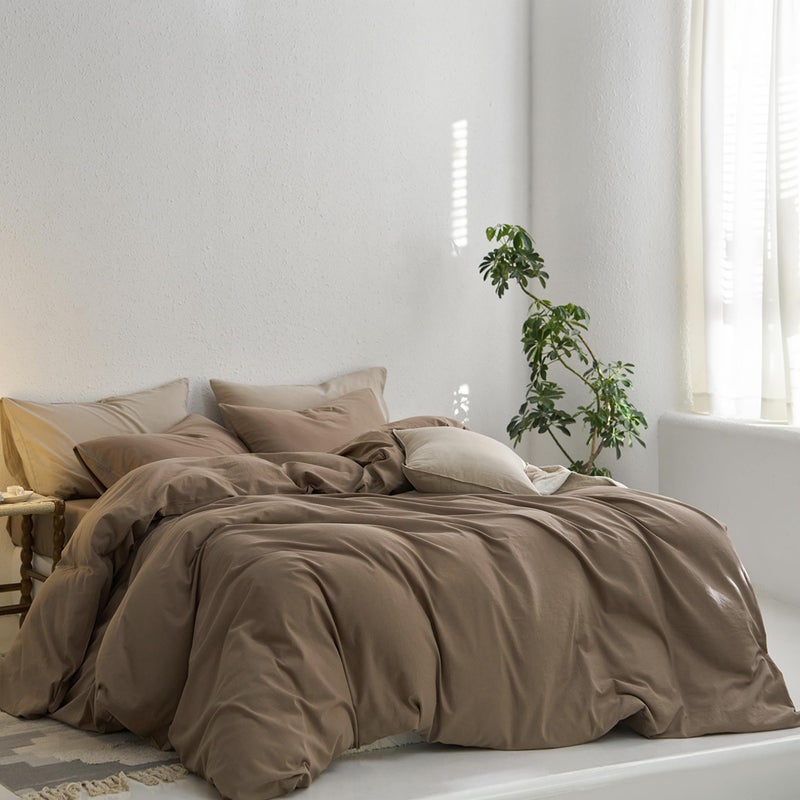 MooMee King Duvet Cover Set, 100% Washed Cotton Linen Like Twill Thick Sturdy Material Super Soft Breathable Durable Bedding for All Season, 3 Pieces (Bombay Brown, King 104"x90") - Image 4