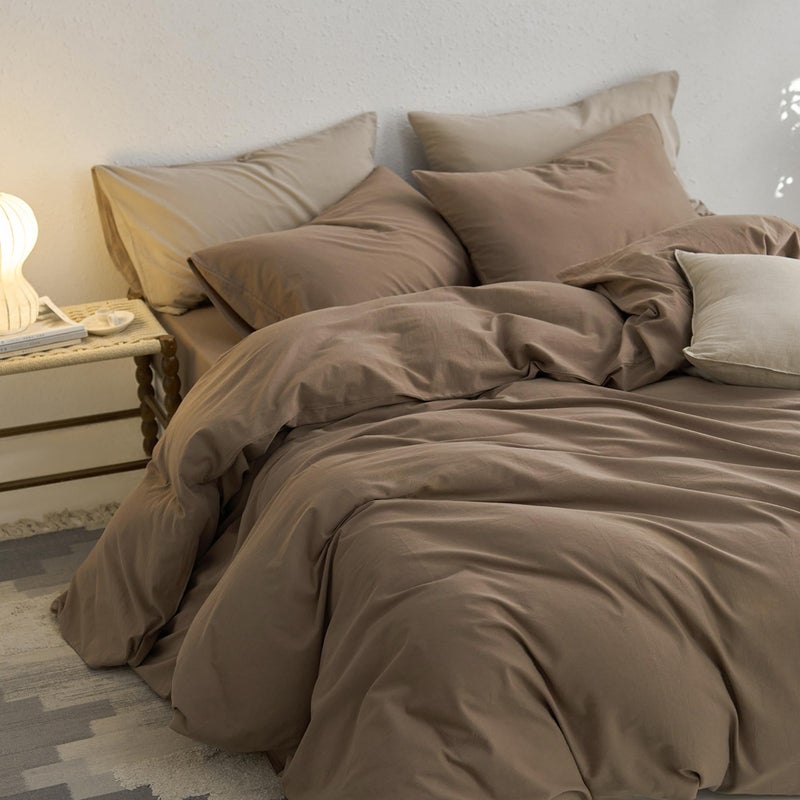 MooMee King Duvet Cover Set, 100% Washed Cotton Linen Like Twill Thick Sturdy Material Super Soft Breathable Durable Bedding for All Season, 3 Pieces (Bombay Brown, King 104"x90") - Image 5
