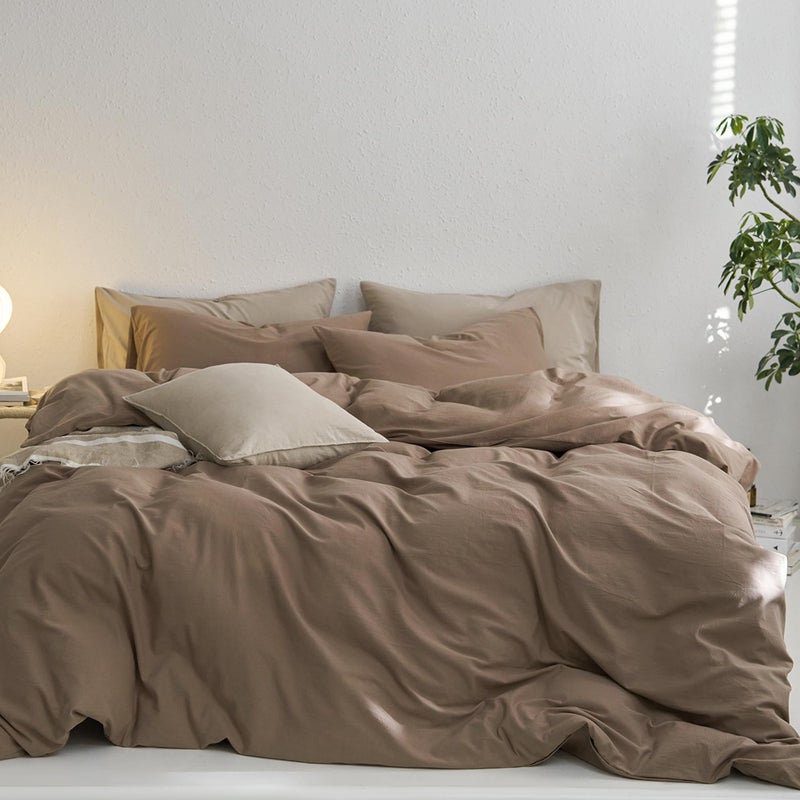 MooMee King Duvet Cover Set, 100% Washed Cotton Linen Like Twill Thick Sturdy Material Super Soft Breathable Durable Bedding for All Season, 3 Pieces (Bombay Brown, King 104"x90") - Image 1