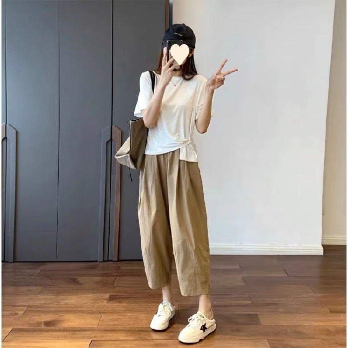 Thin Wide-leg Cropped Pants Womens Summer Casual Suit Straight-leg Trousers Small Japanese-style Slimming Work Pants Summer Day 869 khaki
