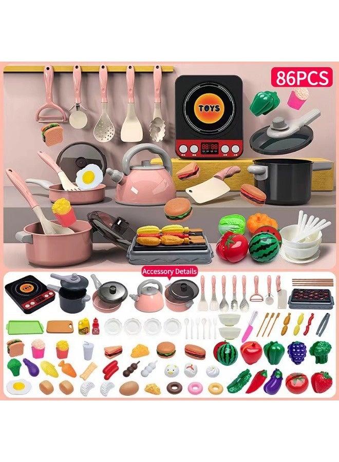 جني ثروة مجموعة ألعاب مطبخ للأطفال مكونة من 86 قطعة مع أدوات مطبخ محاكية وموقد حثي، مجموعة ألعاب تقمص الأدوار للأولاد والبنات، ألعاب تقطيع الفاكهة، ولعبة محاكاة الطبخ - Image 1