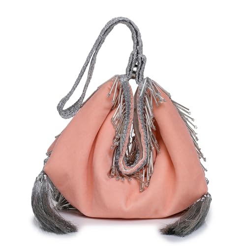 ATHZ Signature Potli Bag for Women – Structured Pyramid Silhouette | Wedding, Sangeet & Festive Statement Ethnic Handbag (Peach, Silver) - Image 1