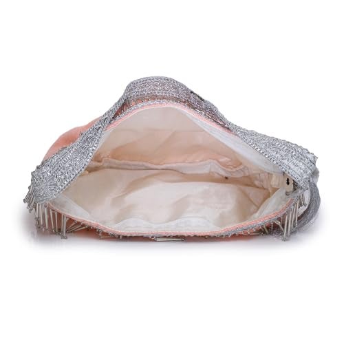 ATHZ Signature Potli Bag for Women – Structured Pyramid Silhouette | Wedding, Sangeet & Festive Statement Ethnic Handbag (Peach, Silver) - Image 5