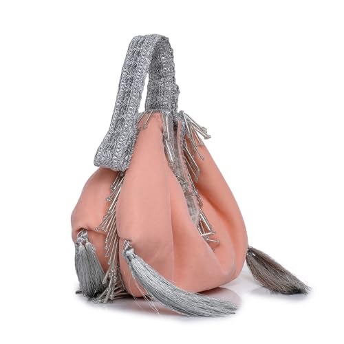 ATHZ Signature Potli Bag for Women – Structured Pyramid Silhouette | Wedding, Sangeet & Festive Statement Ethnic Handbag (Peach, Silver) - Image 2