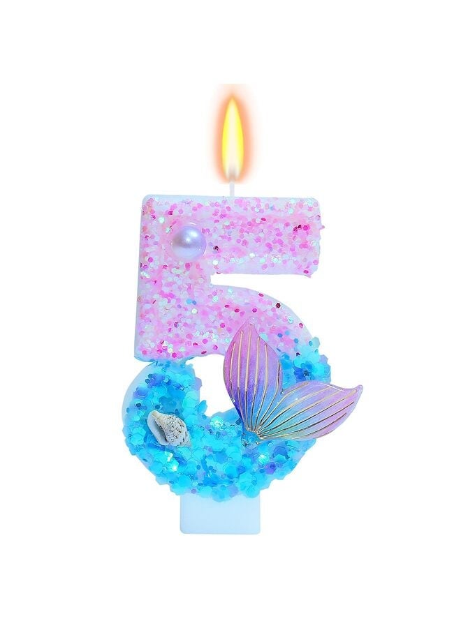 LAMAY Mermaid-themed birthday candles, sparkling number 5 candle cake decorations, perfect for birthdays, wedding anniversaries, and mermaid-themed parties. - Image 1
