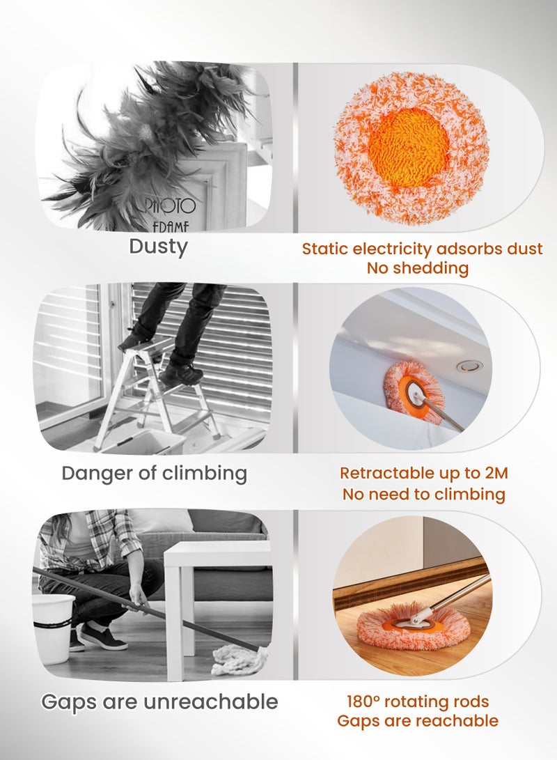 Retractable Multi-functional Sunflower Cleaning Mop Set, 2 Mop Heads, Handle Stretched up to 2 M, 360° Rotation, Clean Ceilings, Walls, Sofa Bottoms ,Dead Corners, Wet and Dry, Strong Water Absorption ,Good Dust Absorption effect, for Cleaning floors, Ceilings, Walls,Glass, Sofas, Cars - Image 2