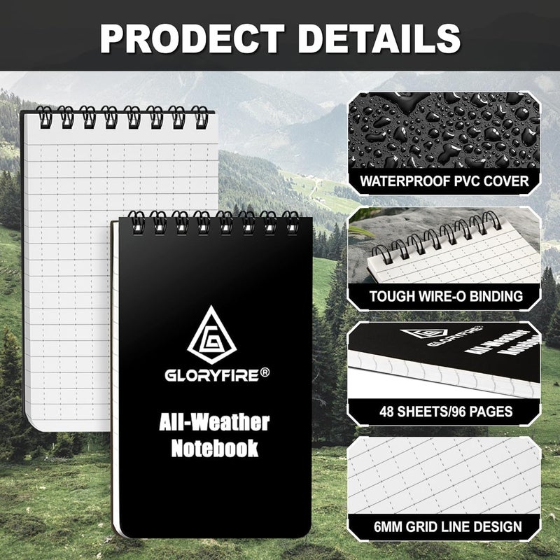 GLORYFIRE Waterproof Notebook All Weather Shower Pocket Tactical Notepad with Cover Steno Pad Memo Book (5pcs) - Image 2