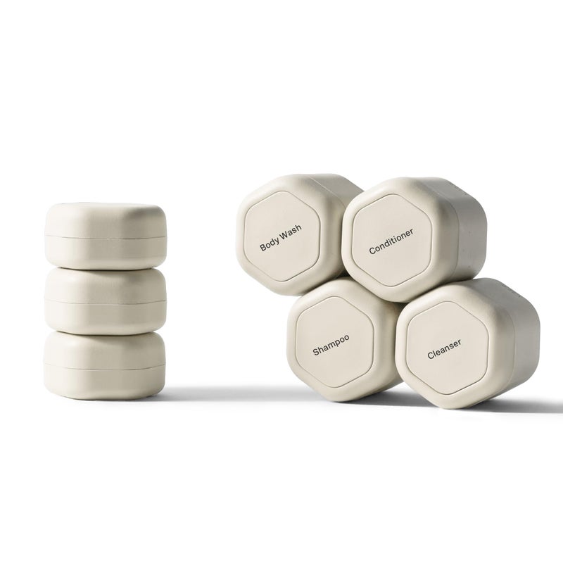 Cadence Travel Containers - Daily Routine Capsule Set - Magnetic Containers with Lids,4 Flex Mediums (1.32oz) & 3 Flex Smalls (0.56oz) - Shampoo, Conditioner, Body Wash, Pills, & More - Sand - Image 1