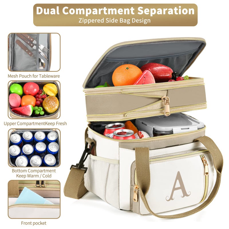 LOKASS Personalized Initial Lunch Bag for Women, 16L Large Insulated Adult Lunch Box Leakproof LunchBox, Mother's Day Lunch Bag with Strap Gifts for Wife, Mom & Friends for Work, Picnic, Travel M - Image 3