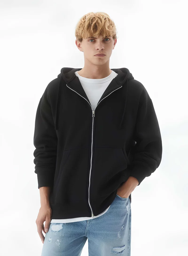 مانياك سويت شيرت رجالي أسود بقلنسوة وسحاب كامل من تيري فرنسي بقصة واسعة