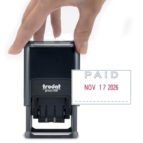 Trodat Printy 4750 Date Stamp with English Message Paid – Self Inking, Red Ink Date and Blue Ink Text - Image 1