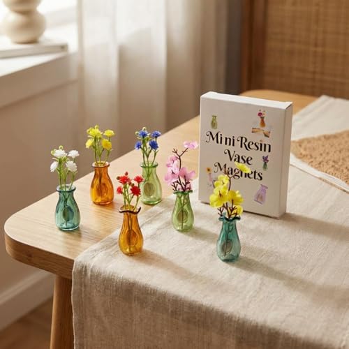 Frayot 6Pcs Mini Vase Magnets for Fridge, Resin Cute 3D Magnetic Vase Decor for Refrigerator, Office, Locker (with Flowers,Green+Brown) - Image 4