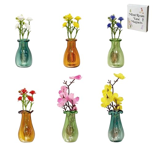 Frayot 6Pcs Mini Vase Magnets for Fridge, Resin Cute 3D Magnetic Vase Decor for Refrigerator, Office, Locker (with Flowers,Green+Brown) - Image 1