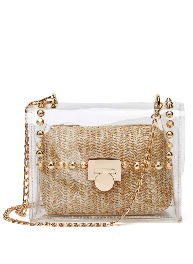 SOLARAE 2 in 1 Clear Purses for Women Clear Clutch Purse Clear Studded Crossbody Bag Stadium Approved with Straw Purse Clear Crossbody Bag  Shoulder Handbag - Image 2