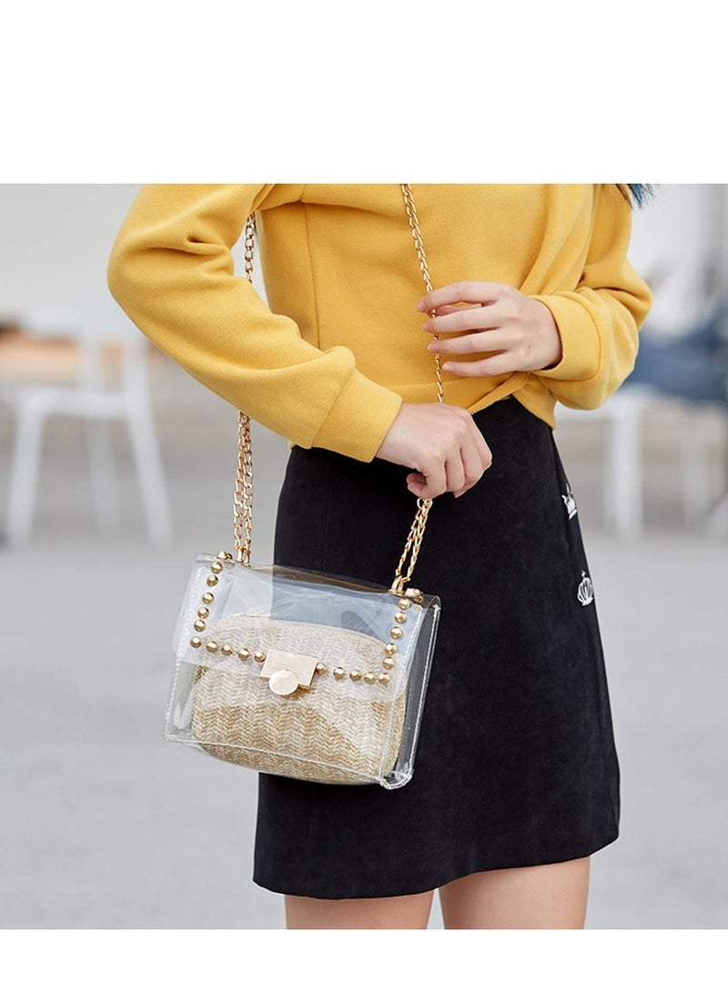 SOLARAE 2 in 1 Clear Purses for Women Clear Clutch Purse Clear Studded Crossbody Bag Stadium Approved with Straw Purse Clear Crossbody Bag  Shoulder Handbag - Image 1