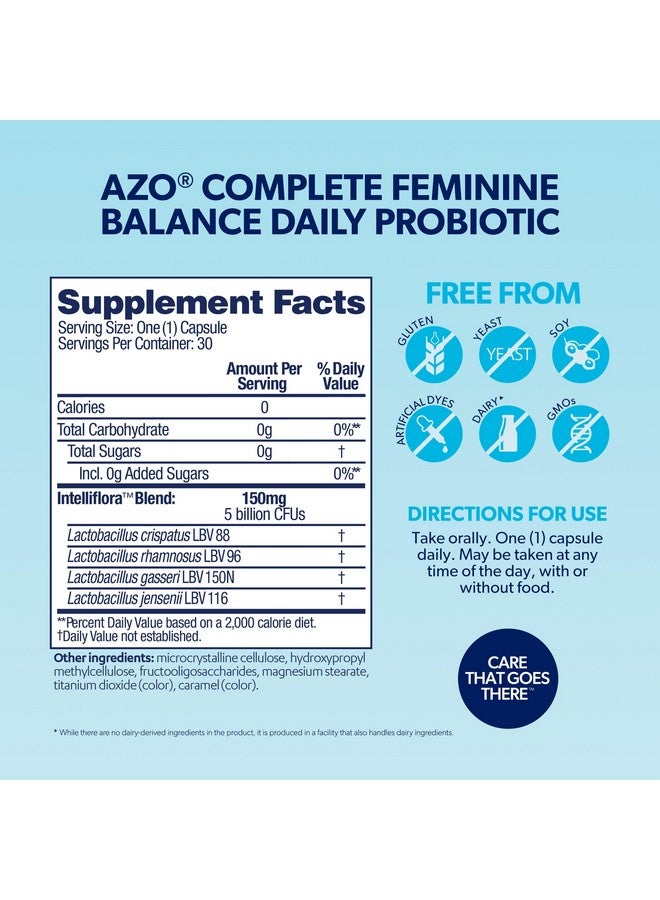 AZO Complete Feminine Balance Daily Probiotics for Women, Clinically Proven to Help Protect Vaginal Health, balance pH and yeast, Non-GMO, 30 Count - Image 2