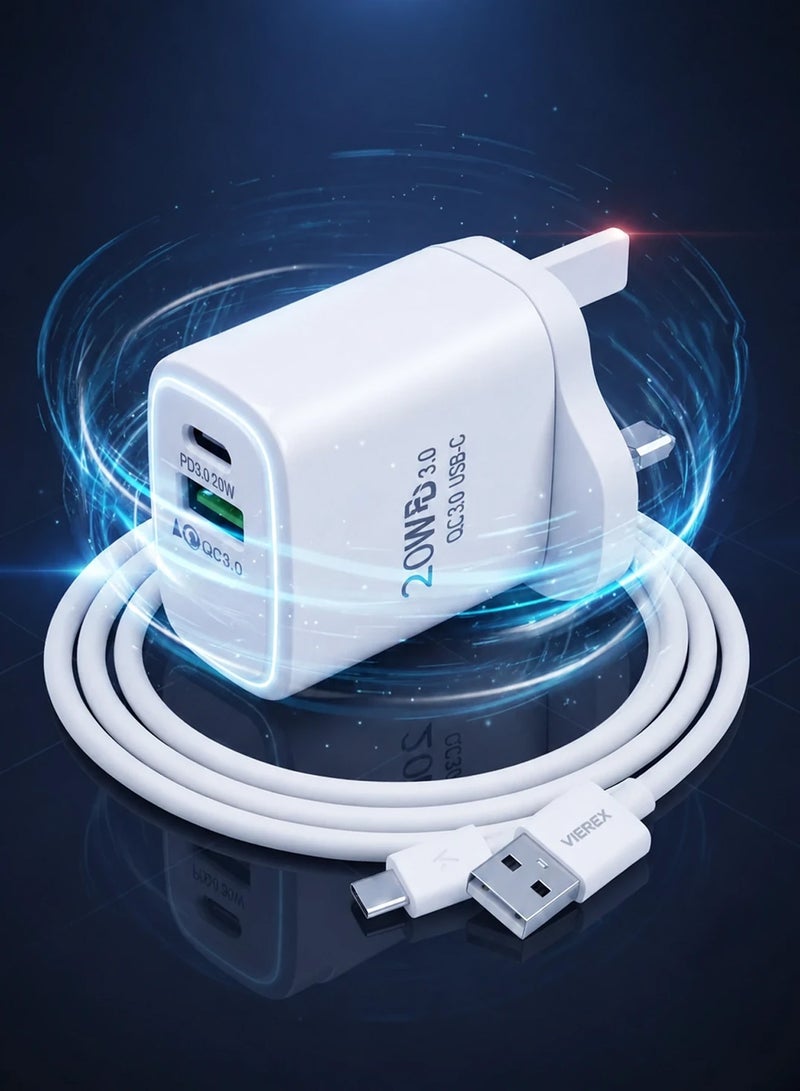 Vierex شاحن حائط سريع مزدوج المنفذ 20 واط يتضمن كابل USB-C إلى USB-C لسلسلة Type-C - Image 1