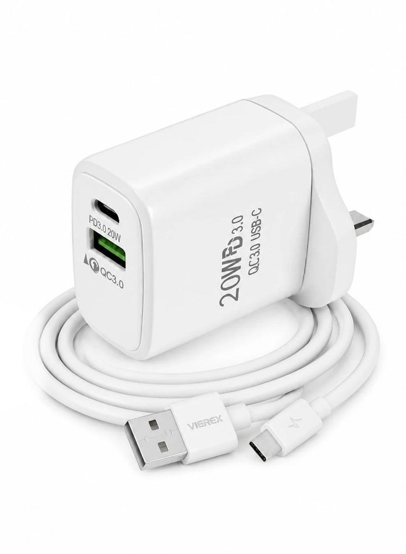Vierex شاحن حائط سريع مزدوج المنفذ 20 واط يتضمن كابل USB-C إلى USB-C لسلسلة Type-C - Image 3