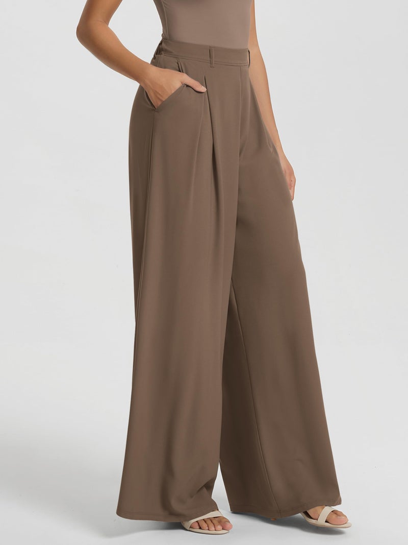 ODODOS Pleated Wide Leg Pants for Women Flowy Lightweight High Waist Trouser with Pockets-27 Inseam, Emperador, Medium - Image 4