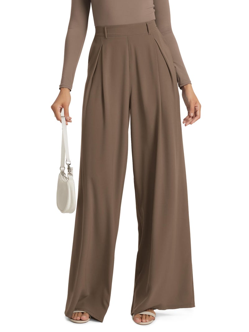 ODODOS Pleated Wide Leg Pants for Women Flowy Lightweight High Waist Trouser with Pockets-27 Inseam, Emperador, Medium - Image 1