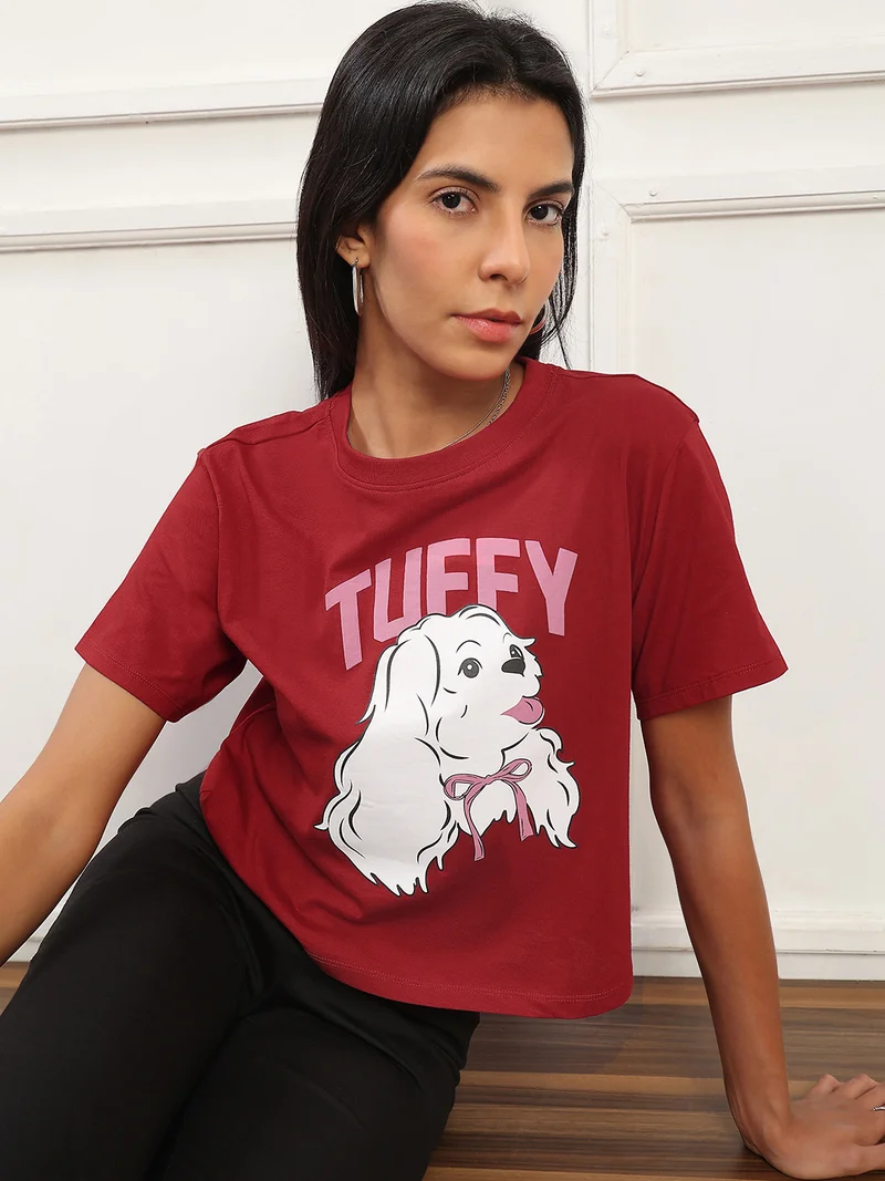 globus Globus Women Red Round Neck Short Sleeves Graphic Print Boxy Fit Crop T-Shirt