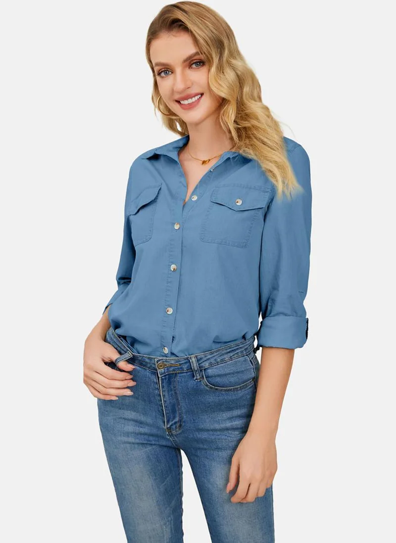 يونيكي Blue Regular Fit Spread Collar Long Sleeves Shirts
