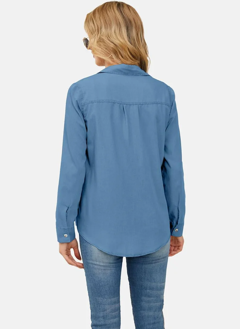 يونيكي Blue Regular Fit Spread Collar Long Sleeves Shirts