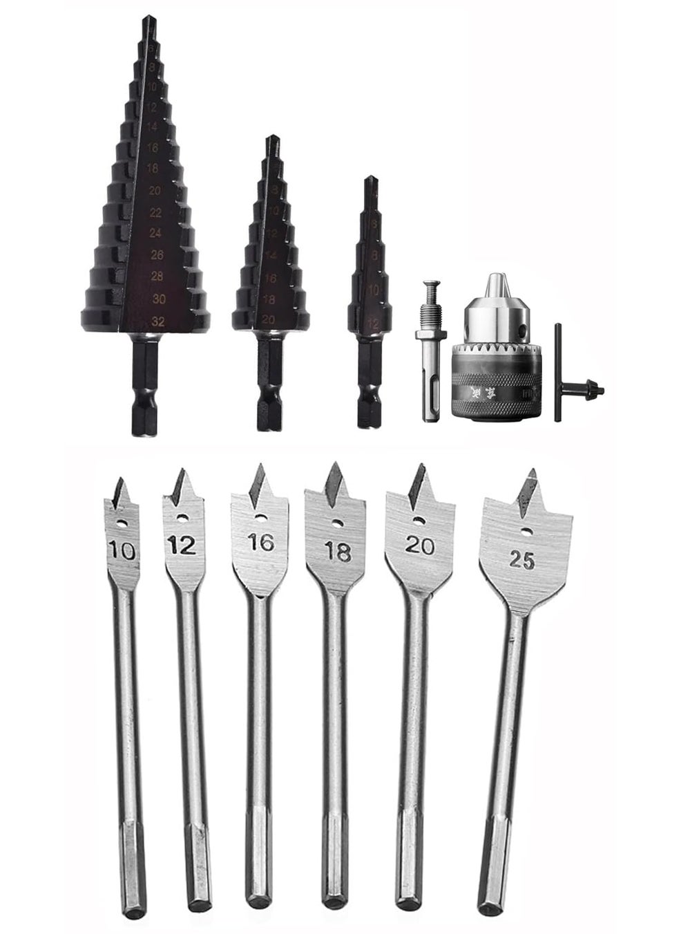 Digital Craft Digital Craft 412420432mm Hss Step Drill Bit Black Coated Cone Hole Cutter Metal Drill Bit Straight Groove Drills 3Pc Titanium HSS Step Drill Set6Pc Flat Wood Bit Set13MM Drill Chuck  - Image 1