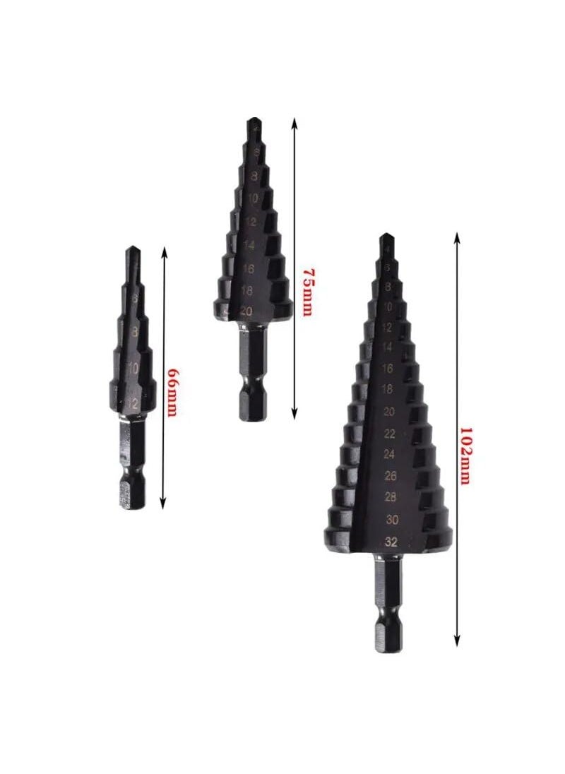 Digital Craft Digital Craft 412420432mm Hss Step Drill Bit Black Coated Cone Hole Cutter Metal Drill Bit Straight Groove Drills 3Pc Titanium HSS Step Drill Set6Pc Flat Wood Bit Set13MM Drill Chuck  - Image 3