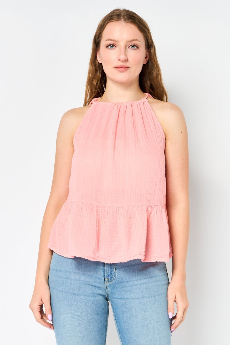 promod Women Round Neck Sleeveless Plain Tank Top, Pink - Image 1