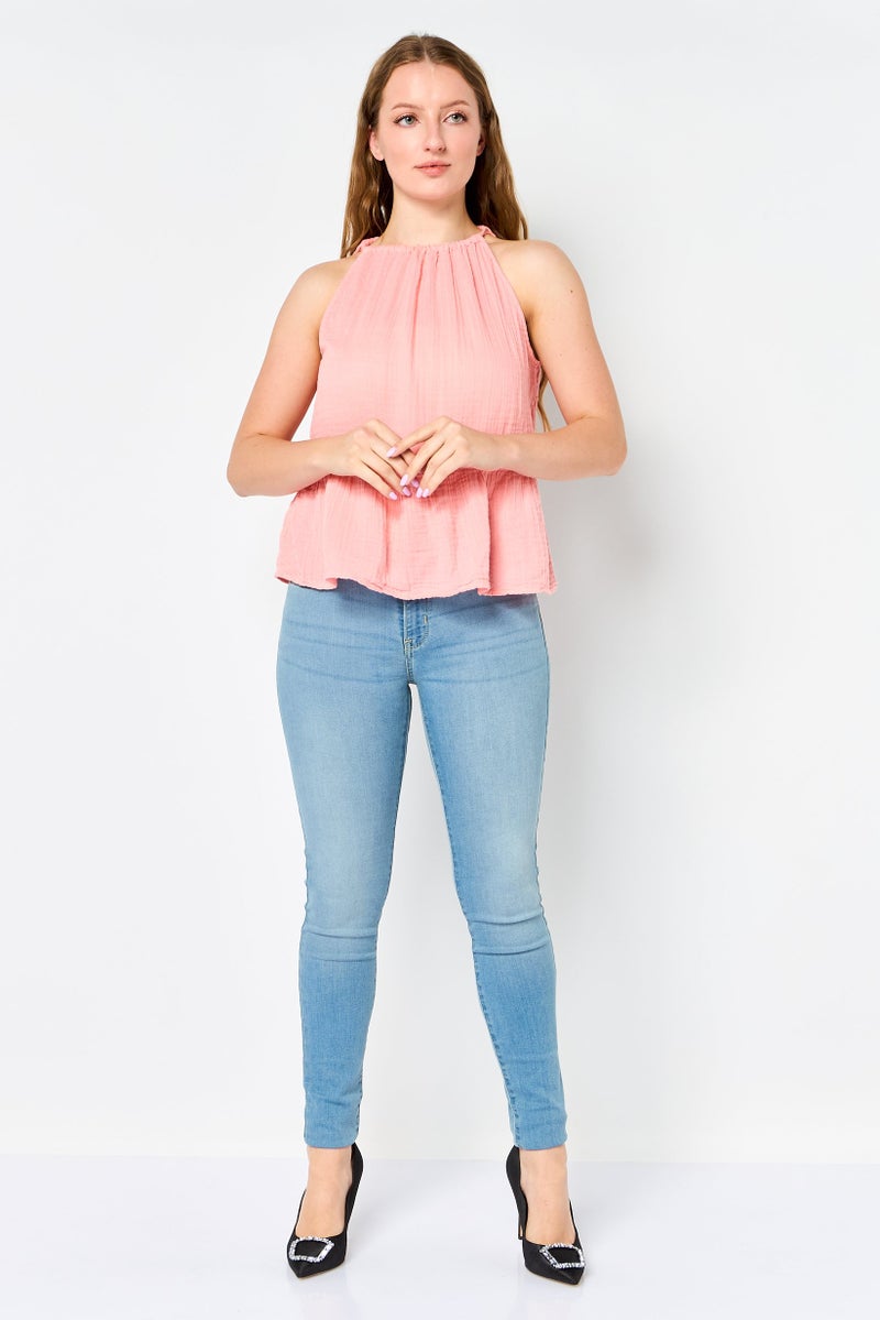 promod Women Round Neck Sleeveless Plain Tank Top, Pink - Image 2