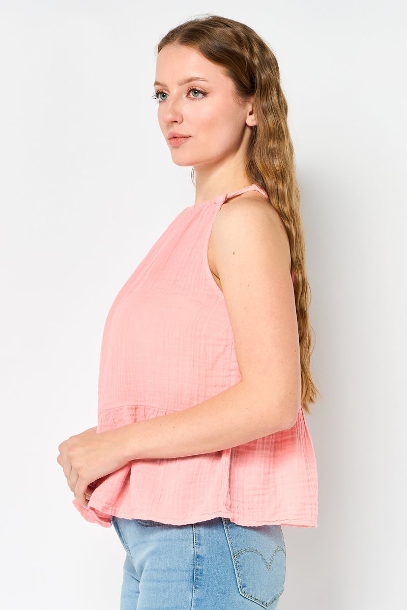 promod Women Round Neck Sleeveless Plain Tank Top, Pink - Image 4