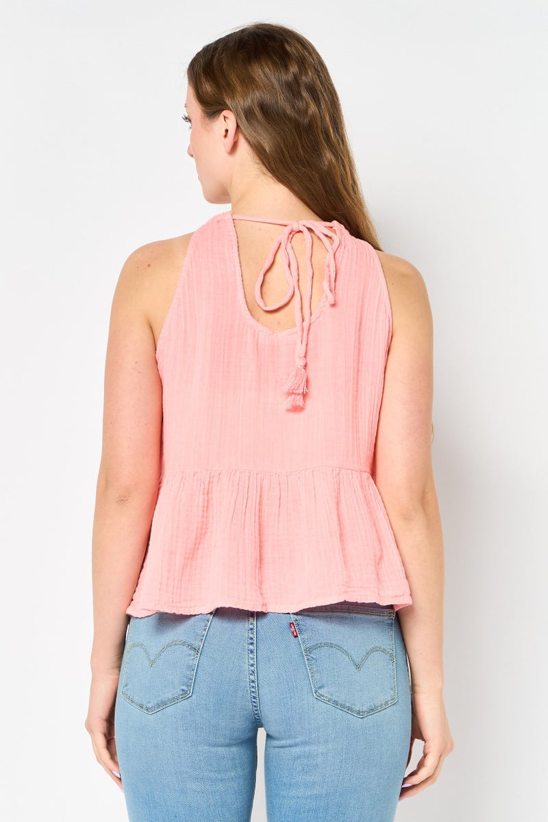 promod Women Round Neck Sleeveless Plain Tank Top, Pink - Image 3