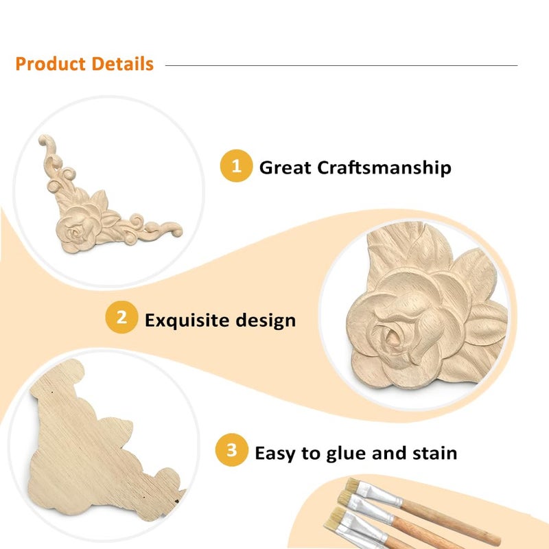 Aiminjey 4 Pcs Decorative Wood Flower Carved Appliques 5.9in Corner Onlay DIY Unpainted Solid Wooden Carved Corner Decal for Furniture Wardrobe Mirror Closet Decoration (5.9inch - Rose - 4pcs) - Image 2