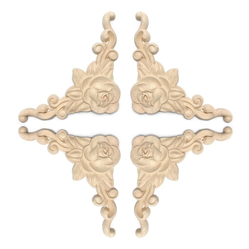 Aiminjey 4 Pcs Decorative Wood Flower Carved Appliques 5.9in Corner Onlay DIY Unpainted Solid Wooden Carved Corner Decal for Furniture Wardrobe Mirror Closet Decoration (5.9inch - Rose - 4pcs) - Image 1