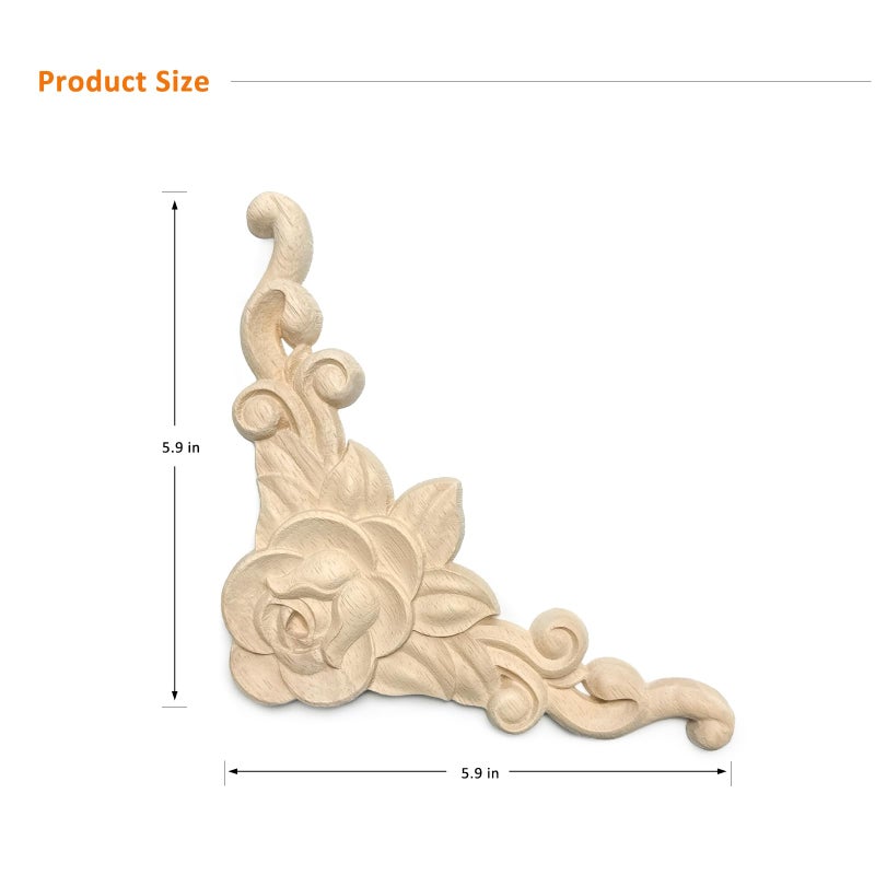 Aiminjey 4 Pcs Decorative Wood Flower Carved Appliques 5.9in Corner Onlay DIY Unpainted Solid Wooden Carved Corner Decal for Furniture Wardrobe Mirror Closet Decoration (5.9inch - Rose - 4pcs) - Image 3