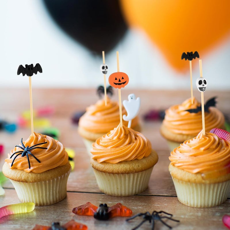 ASTARON 150 Counts Halloween Pumpkin Cocktail Picks for Halloween Party Supplies Wooden Bats and Skull Cocktail Picks 4.7 In Appetizer Picks Fruit Forks for Halloween Decorations - Image 5