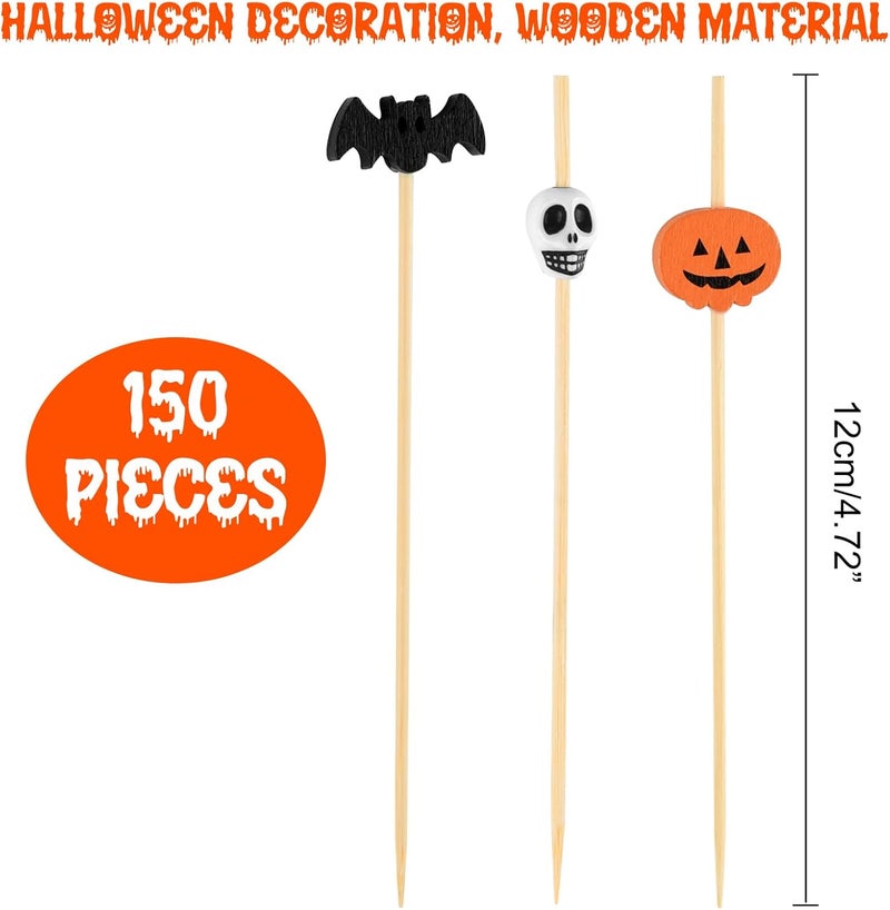 ASTARON 150 Counts Halloween Pumpkin Cocktail Picks for Halloween Party Supplies Wooden Bats and Skull Cocktail Picks 4.7 In Appetizer Picks Fruit Forks for Halloween Decorations - Image 2