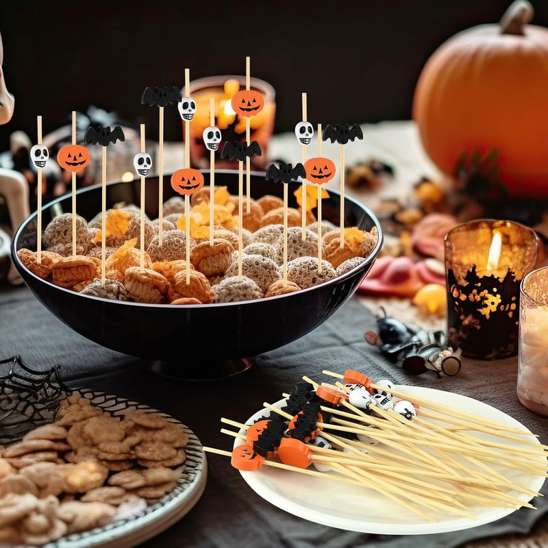 ASTARON 150 Counts Halloween Pumpkin Cocktail Picks for Halloween Party Supplies Wooden Bats and Skull Cocktail Picks 4.7 In Appetizer Picks Fruit Forks for Halloween Decorations - Image 4