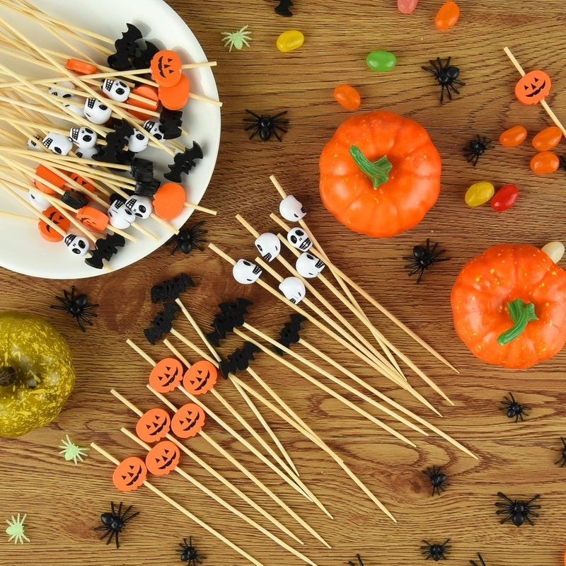 ASTARON 150 Counts Halloween Pumpkin Cocktail Picks for Halloween Party Supplies Wooden Bats and Skull Cocktail Picks 4.7 In Appetizer Picks Fruit Forks for Halloween Decorations - Image 3
